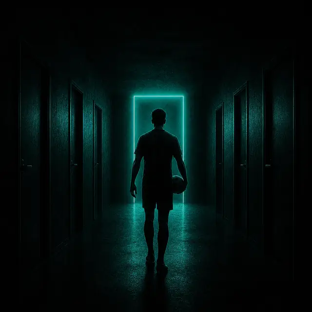 Corridor of doors, one lit at the end